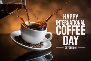 A steaming cup of coffee with water splash, coffee beans on wooden table, happy international coffee day text, high-quality photograph, intricate details, warm lighting,