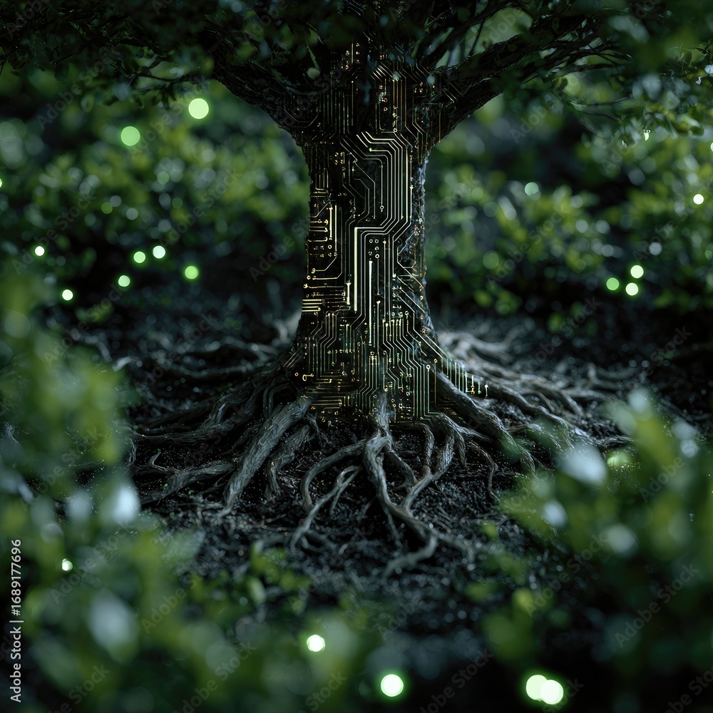 Poster a lush, nocturnal scene featuring a tree whose trunk is intricately formed from a circuit board, roo