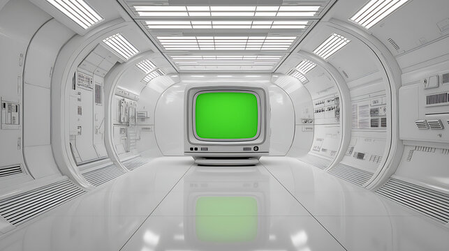 Futuristic Space Lab Interior with White High-Tech Control Room Featuring Digital Screens and Monitors