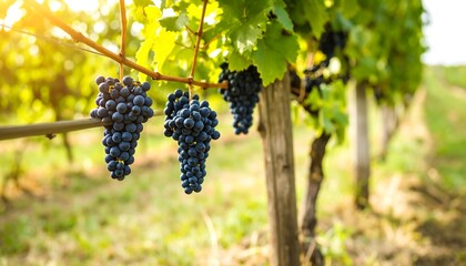 Fototapeta premium Sunlit grapes on vineyard rows
