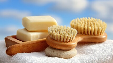 Natural spa setup soap, brush, stone. Wood accents & a white towel create a serene scene under a blue sky w/ soft, out-of-focus clouds