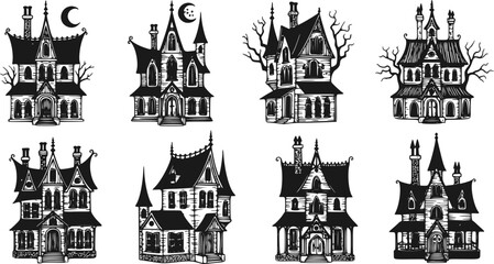 Fototapeta premium Set of Witch House Sketches, Gothic Style Victorian Mansion Hand-Drawn Vector Illustrations and Retro Building Architecture Design