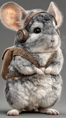 Obraz premium Chinchilla dressed in headphones and a backpack stands in a playful pose against a neutral background