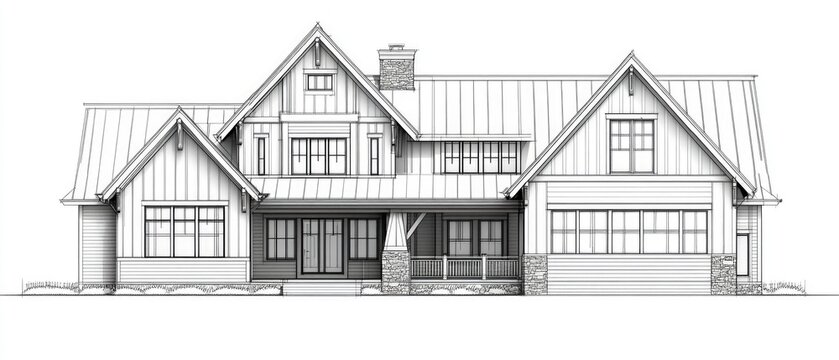 Architectural Rendering: Modern Farmhouse Exterior Elevation, Detailed Line Drawing.