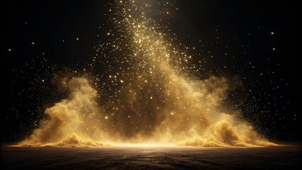 Golden sparkling glitter dust erupts abstract space visual art dark environment aerial view celebration concept