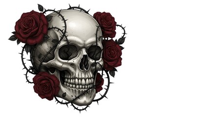 skull with roses and thorns, image for shirt printing and graphic projects
