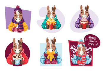 Cute Cartoon Christmas Horse with Gifts and Cocoa Clipart Set