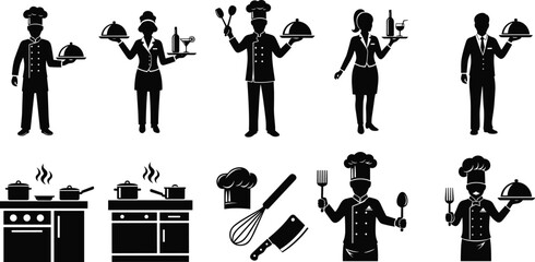 Restaurant staff icons, chefs and waiters silhouettes, kitchen utensils, cooking and serving food symbols, professional culinary team, hospitality industry, food preparation and service