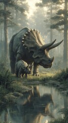 Fototapeta premium Triceratops family near a tranquil stream in a prehistoric forest at dawn