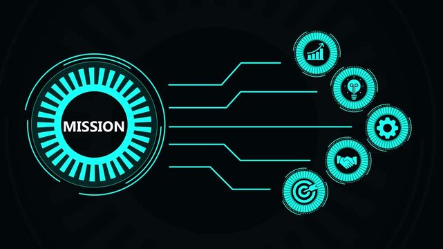 Futuristic neon mission statement displayed on a dynamic black background