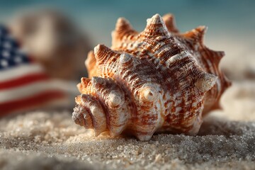 Explore the intricate details of a seashell resting on the beach with an American flag in the background during a sunny day