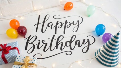 Overhead shot of a festive happy birthday scene with balloons, gifts, and a party hat on a white wooden surface, isolated on white background