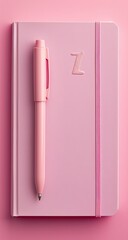 A pink notebook with a matching pen, set against a pink background.  A letter "Z" is subtly imprinted on the cover