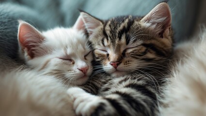 Two cats sleeping together in a cozy setting.