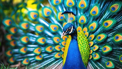 Fototapeta premium Colorful peacock displaying vibrant feathers.