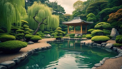Tranquil garden with lush greenery, a pond, and a traditional pavilion, showcasing serene landscape design and landscaping aesthetics.