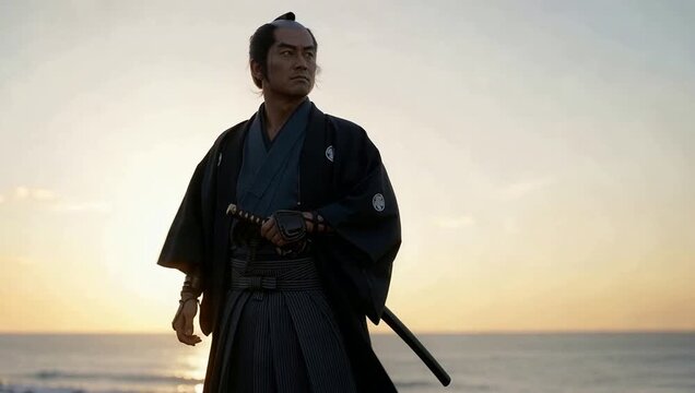 波打ち際で海を眺める武士・江戸時代のイメージ