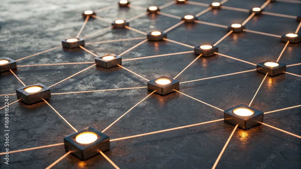 Poster a modern network design featuring illuminated squares connected by lines on a textured surface.