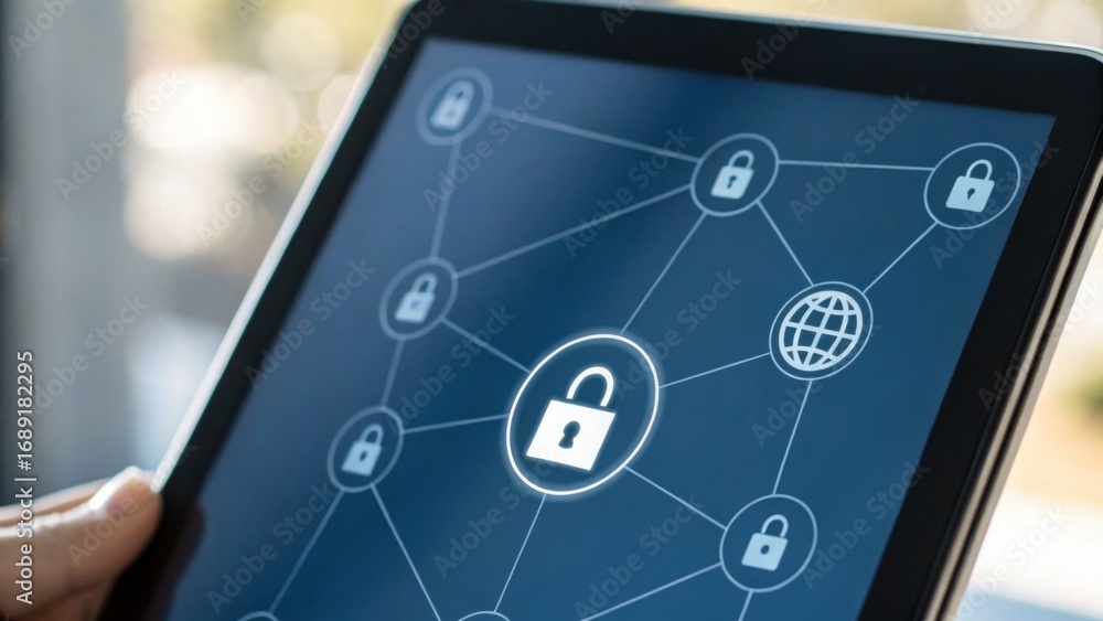 Poster a hand holds a tablet displaying a digital network with interconnecting locked icons, symbolizing on