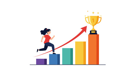 A woman climbing up a bar chart towards a golden trophy symbolizing achievement and success