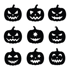 A set of bold black silhouette vector illustrations featuring spooky pumpkin faces. Perfect for Halloween, seasonal decorations, party invitations, posters, and creative graphic design projects