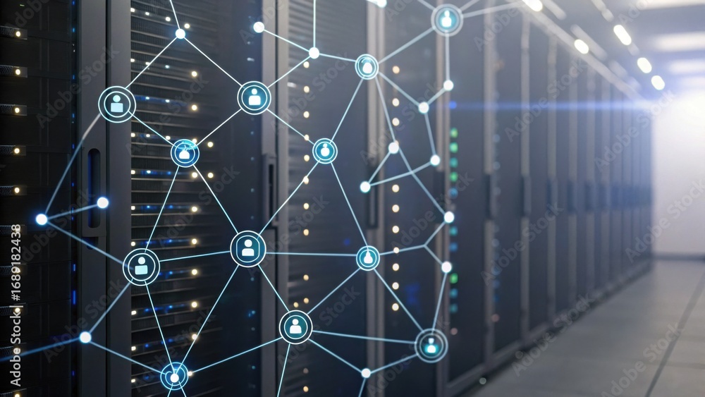 Poster a digital network connecting nodes over server racks, illustrating data flow and technological infra
