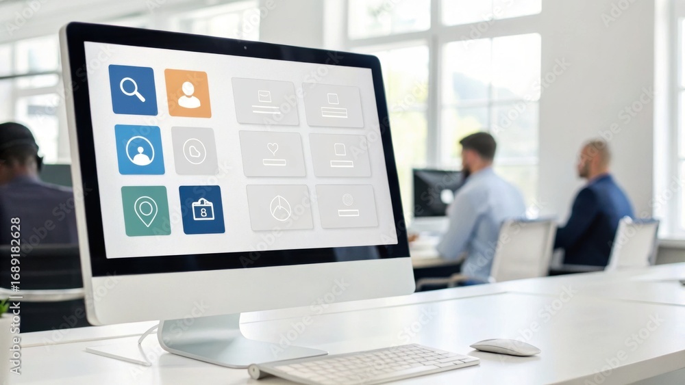 Poster a modern workspace featuring a computer with a user interface, displaying various application icons,