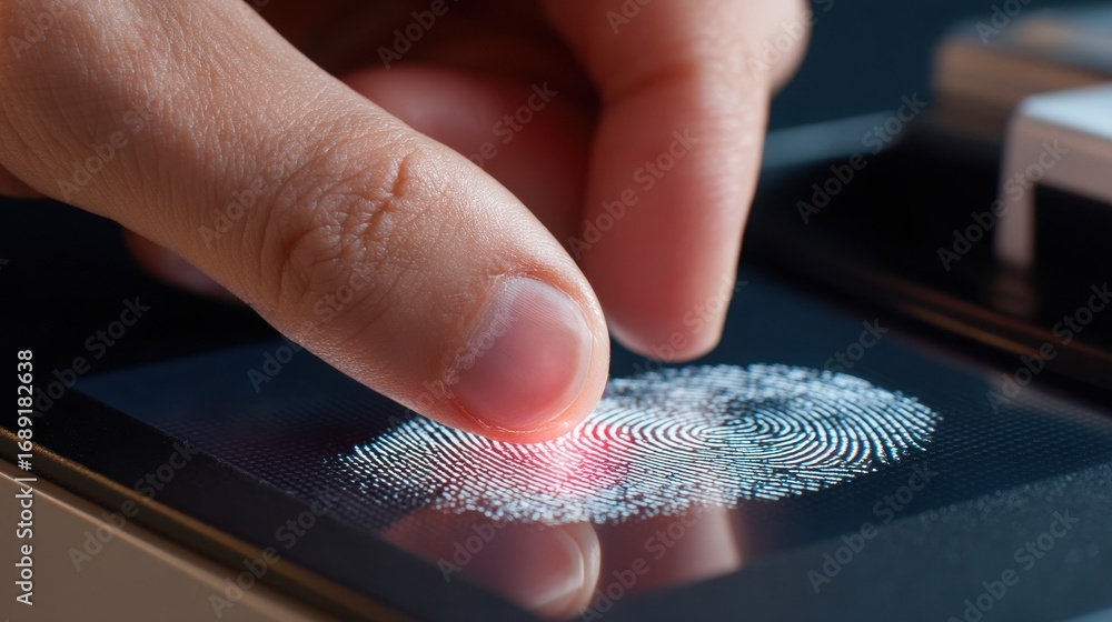 Poster a finger scanning for a fingerprint on a touchscreen device, showcasing biometric technology.