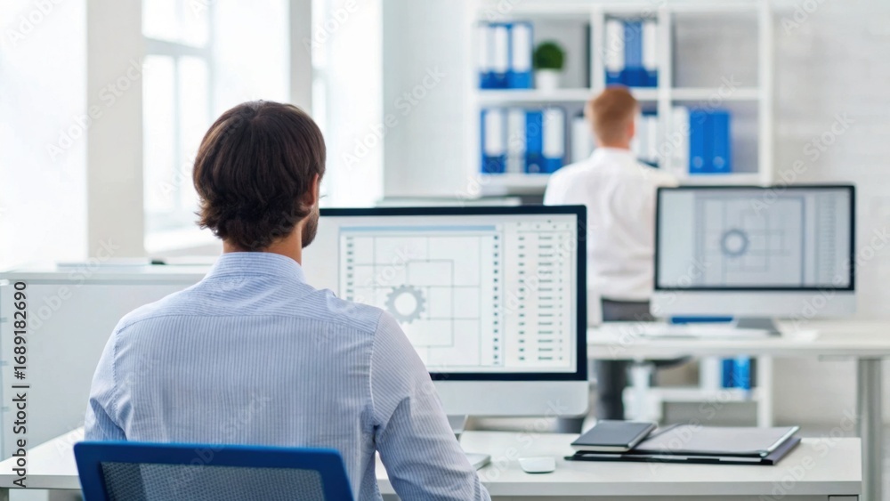 Poster a modern office environment featuring two individuals working on computers, focused on design and da