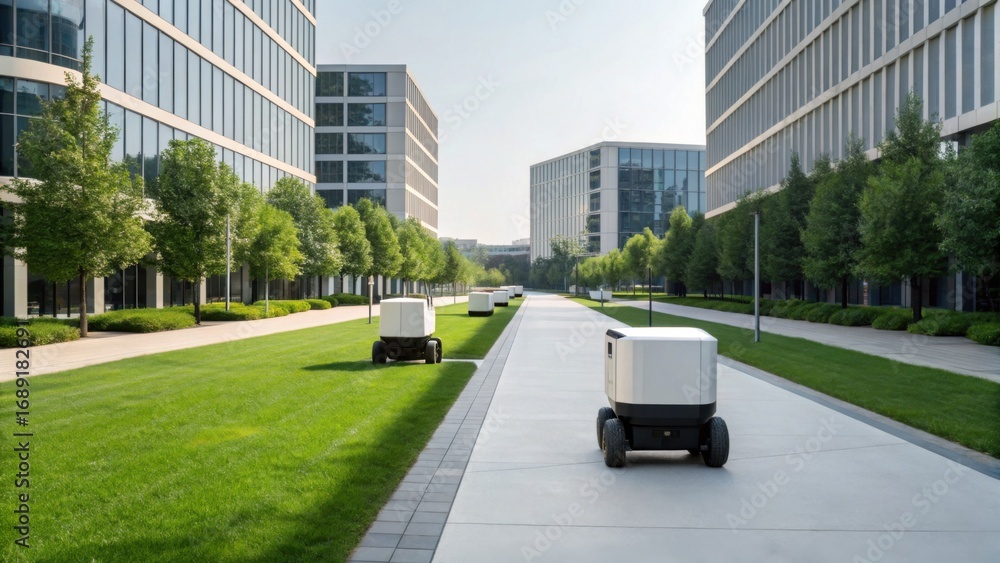 Poster automated delivery robots navigate a modern urban landscape lined with greenery and contemporary bui