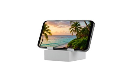 Escape to Paradise A tropical sunset beach vacation displayed on a smartphone held in a white stand against a clean