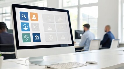 A modern workspace featuring a computer with a user interface, displaying various application icons, while people are engaged in conversation in the background.