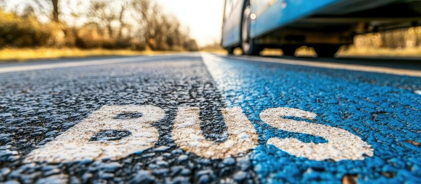 Low-Angle View of Blue Bus Lane with Approaching Bus on Asphalt Road