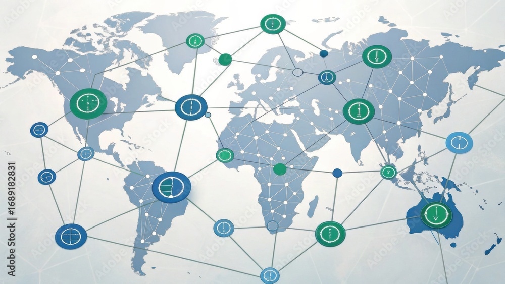 Poster a digital map of the world with interconnected nodes, symbolizing global networks and connections ac