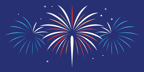 Vibrant fireworks display exploding in the night sky against a deep blue background