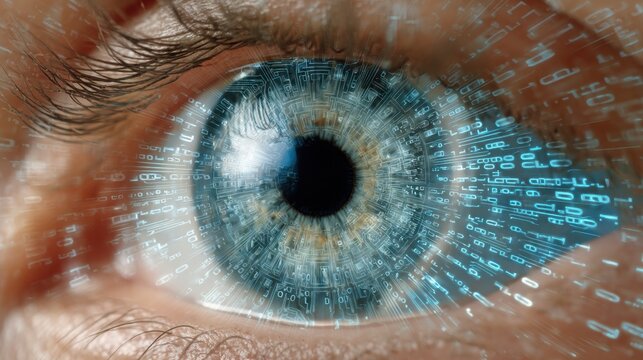 Digital eye design with binary code elements creating a futuristic effect.