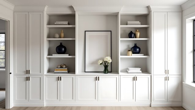 Modern built in white shelving and cabinetry with decorative accents