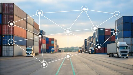 A digital network overlay connects shipping containers, symbolizing logistics and supply chain efficiency at a cargo transport hub.