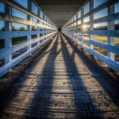 Fototapeta premium Sun-drenched white wooden bridge, long shadows