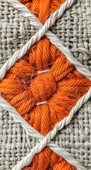 Close-up of a textured fabric with orange and white stitching