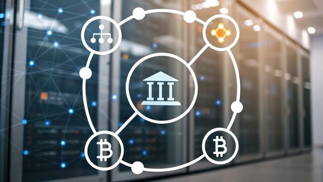 A digital network graphic illustrating blockchain technology and cryptocurrency in a data center environment.