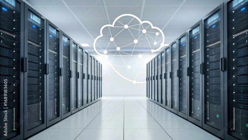 Poster a sleek data center interior featuring rows of server racks with a cloud computing graphic above, sh