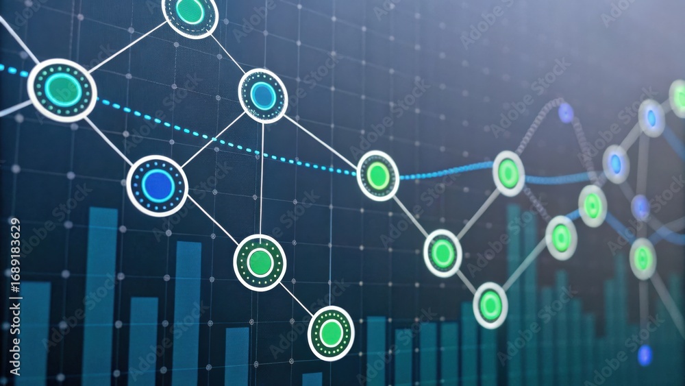 Poster a digital financial graph with colorful data points and lines, representing trends and analytics in 