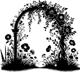 Graceful black silhouette of a floral archway with roses and foliage