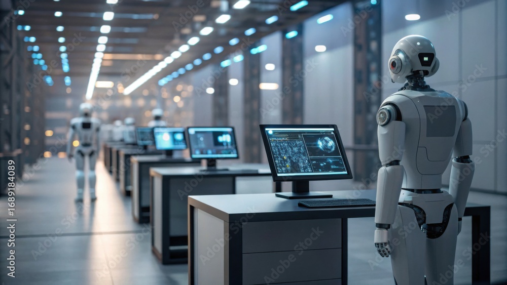 Poster a futuristic scene showing humanoid robots in a high-tech workspace with computers, emphasizing adva