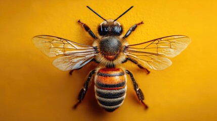 Macro Close-up of Honey Bee on Yellow Background