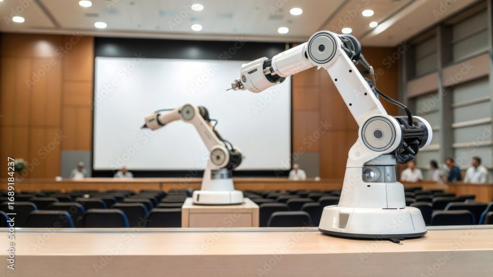 Poster the image features robotic arms in a conference setting, highlighting the intersection of technology