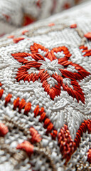 Close-up of intricate embroidered textile.  Ornate floral design in burnt orange thread on a textured off-white fabric.  Detailed stitching