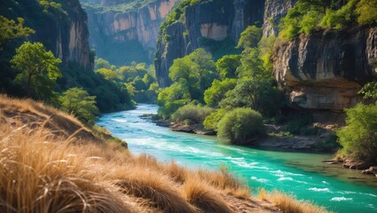 Lush green trees and cliffs surround a flowing river in a scenic canyon landscape.