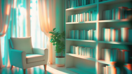Cozy reading nook in a room with a comfy armchair, potted plant, and bookshelves filled with books, illuminated by natural light from the window with curtains